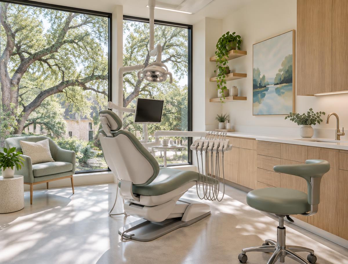 Calm, modern dental treatment room with natural light and Austin greenery