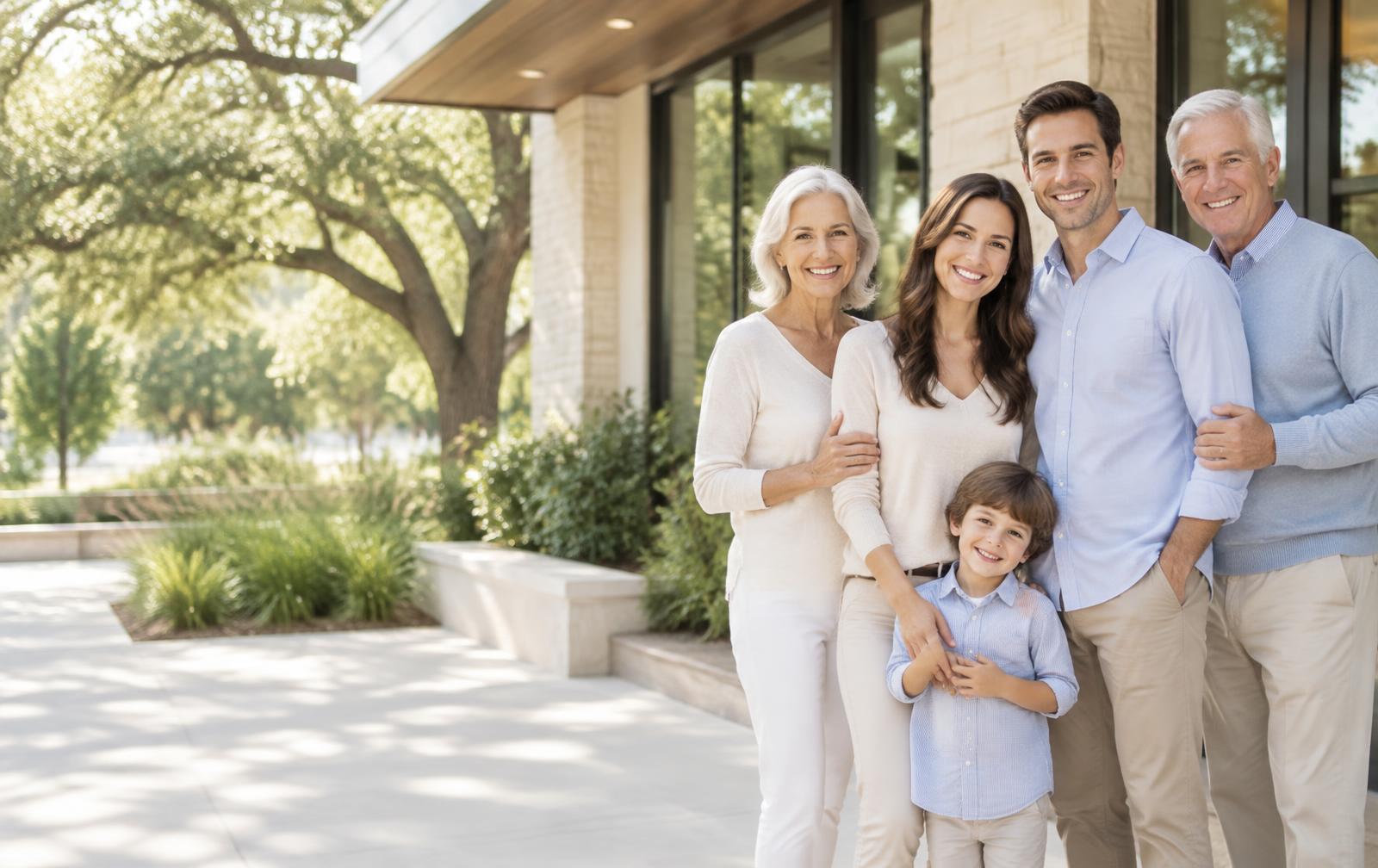 A relaxed family outside a bright, modern Austin dental practice